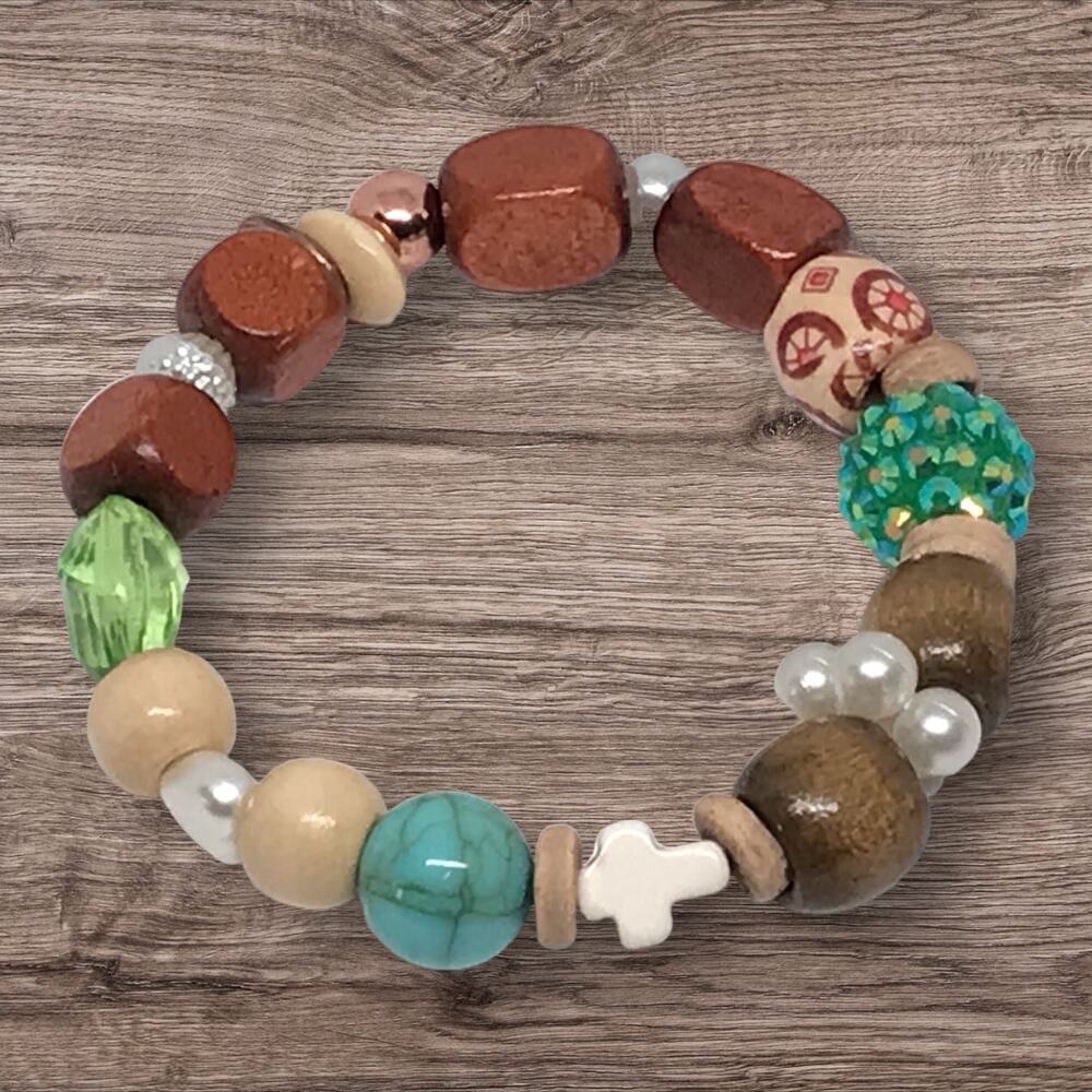 Western Boho Bracelet Handmade Mixed Media Turquoise Wood Beaded Stretch